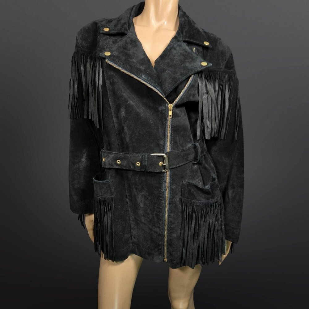 Vintage 90s Black Fringed Seuede Leather Jacket Belted Size M Boho Western Biker